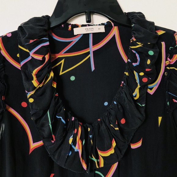 Prada black 80s pattern short cap sleeve ruffle - Picture 5 of 5